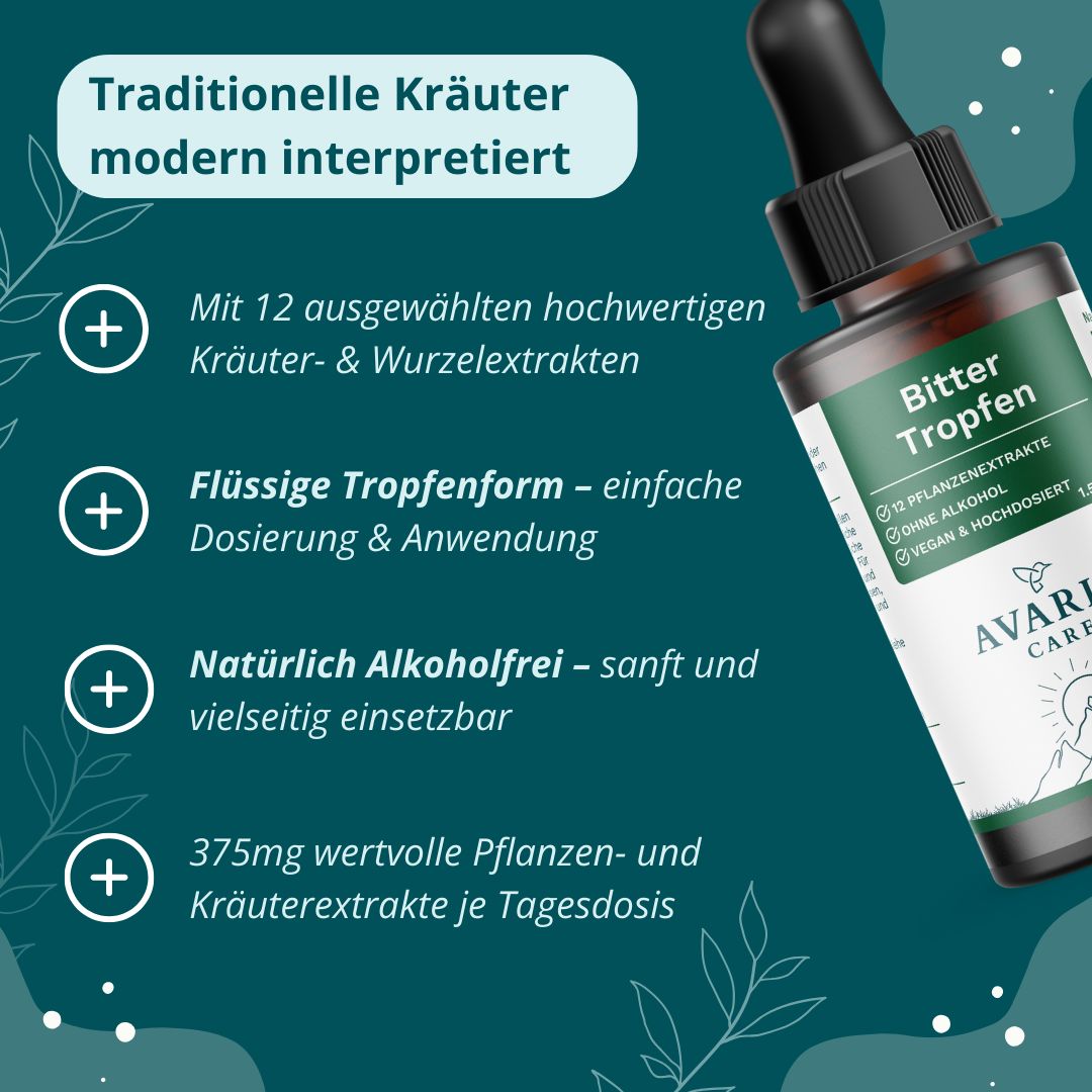 AVARIA CARE® Bittertropfen – alkoholfrei – 12 Pflanzenextrakte – hochdosiert & vegan