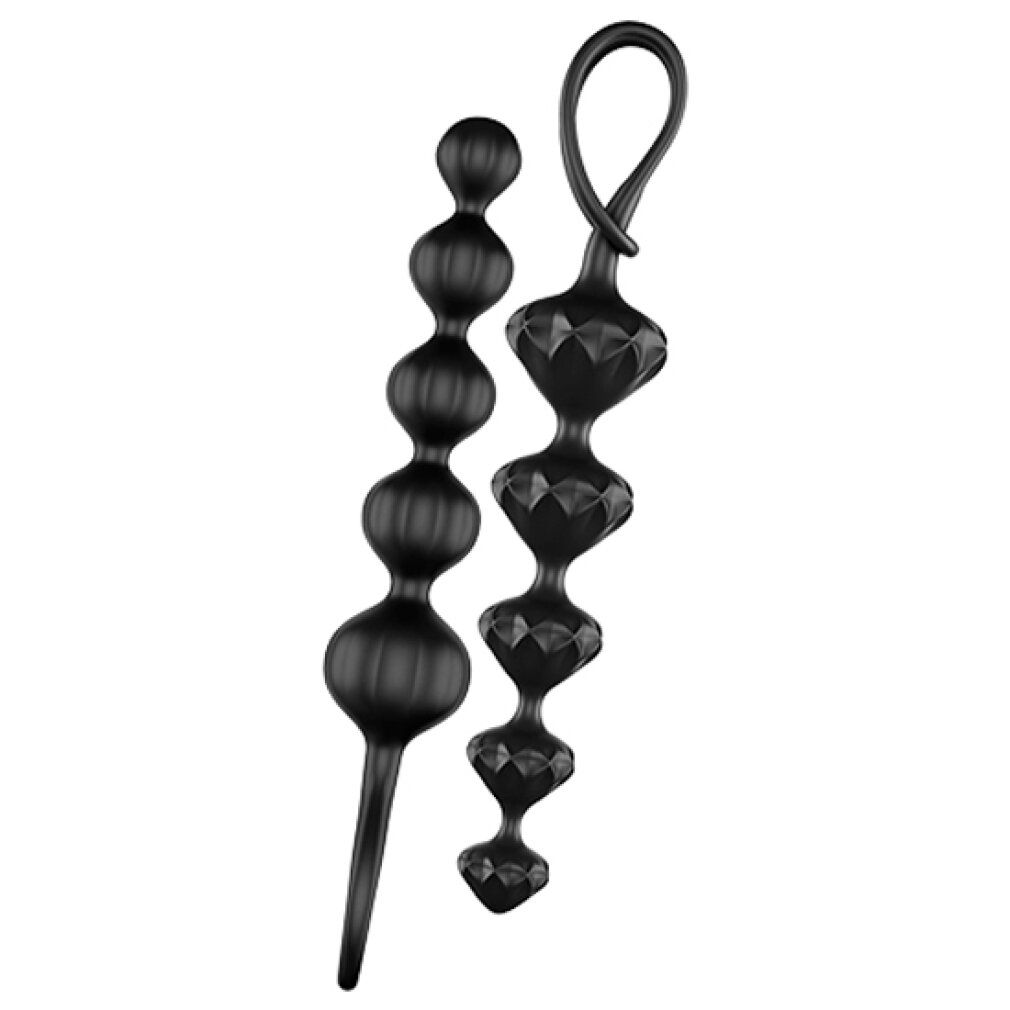 Zwei schwarze Love Beads. Eine Kette mit runden Perlen, eine mit rautenförmigen Elementen.