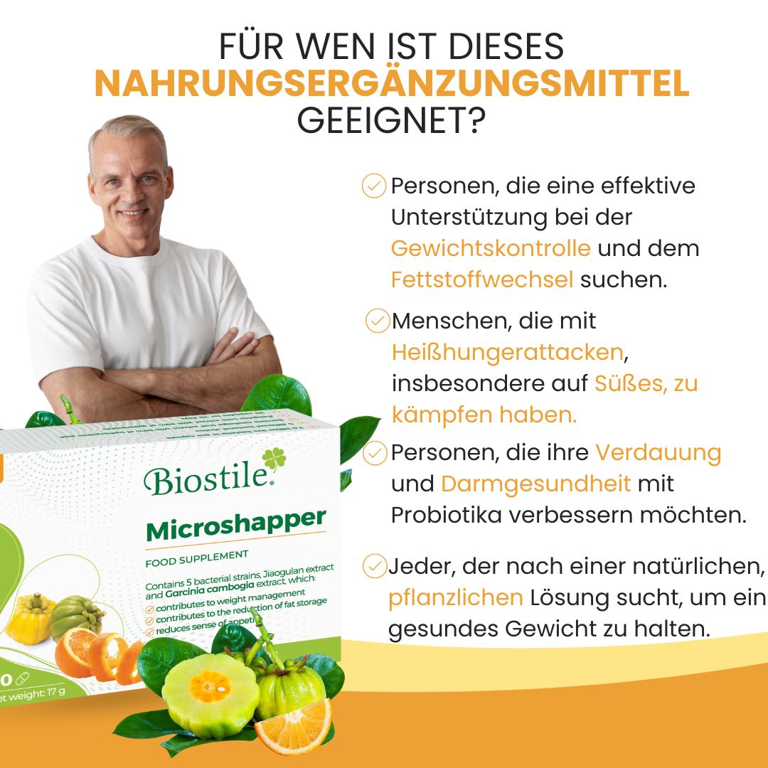 Mann neben Biostile Microshapper. Text: Für wen ist dieses Nahrungsergänzungsmittel geeignet? Beschreibt Zielgruppe.