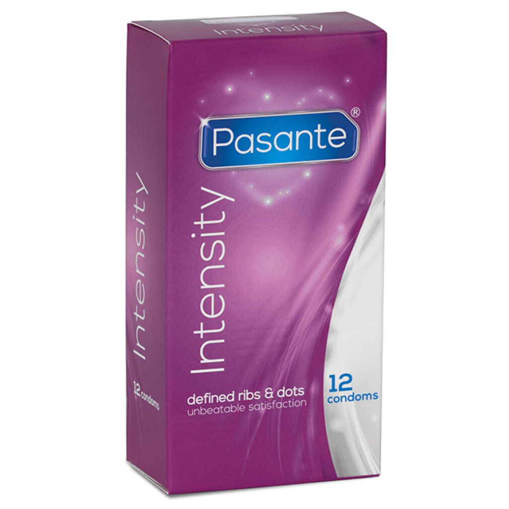 Pasante Intensity Packung. Enthält 12 Kondome mit Rippen und Punkten für intensiveres Gefühl.