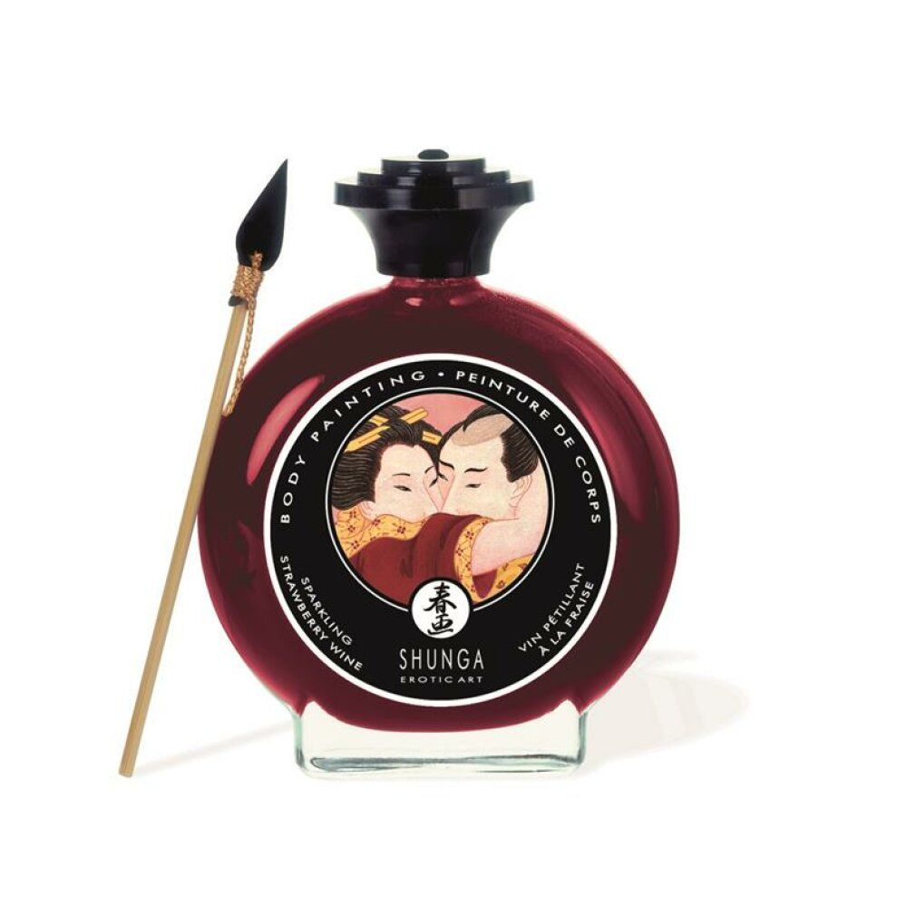 Runde Flasche mit roter Flüssigkeit, schwarzem Deckel und Etikett mit Paar-Illustration. Beiliegend ein Pinsel.
