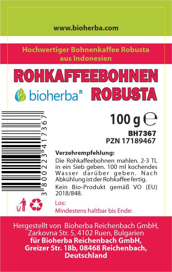 Verpackung mit Rohkaffeebohnen Robusta. Text: Bioherba, 100 g, PZN, Barcode. Grüner und roter Hintergrund. Text in Deutsch.