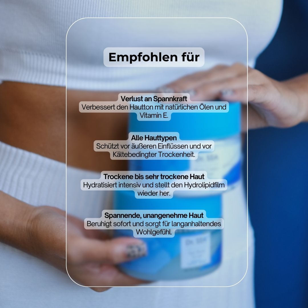 Zwei Tiegel mit blauen Deckeln. Text: Empfohlen für: Verlust an Spannkraft, Alle Hauttypen, Trockene bis trockene Haut.