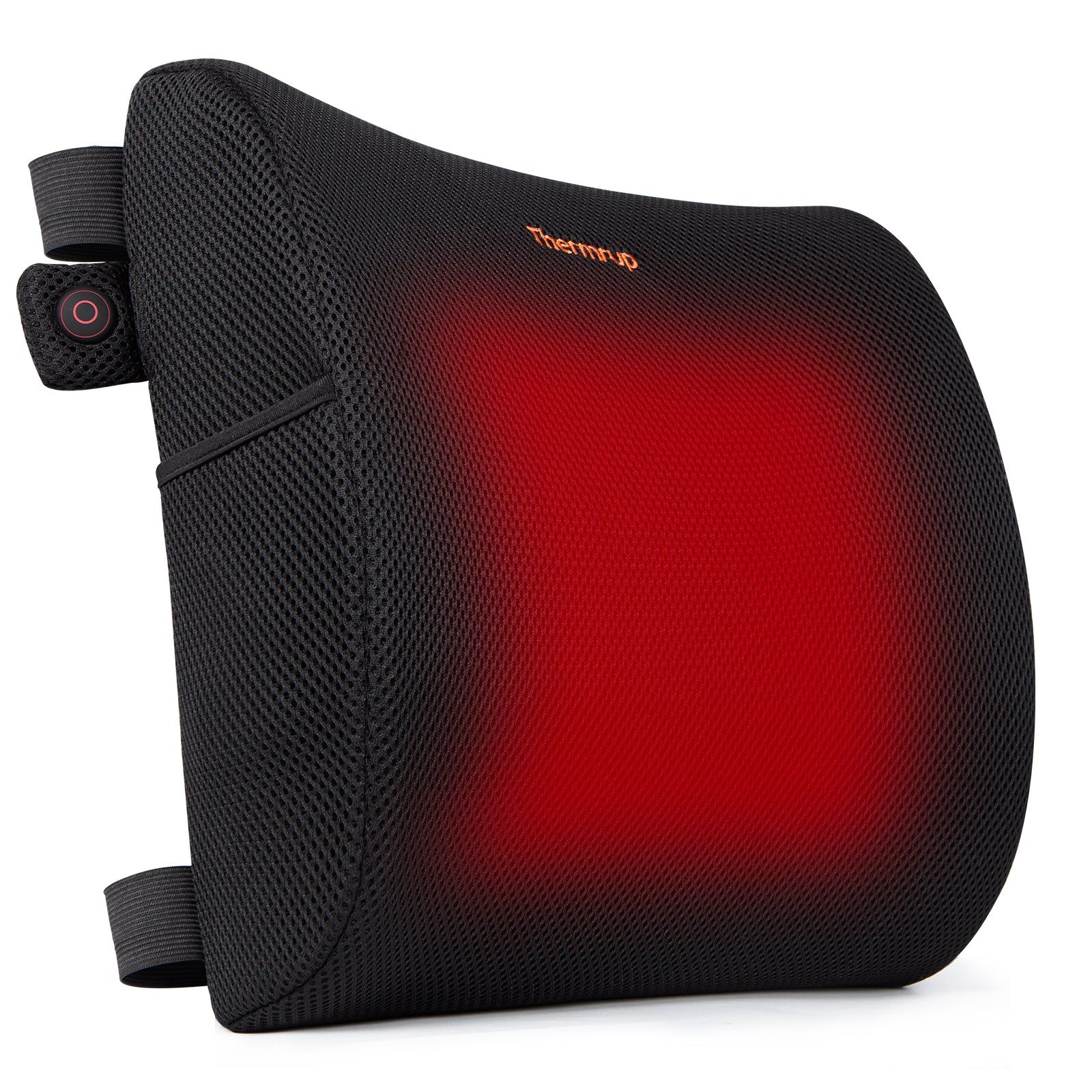 Schwarzes, ergonomisches Rückenkissen mit roter Wärmezone. Seitlicher Knopf. Mesh-Gewebe. Logo 'Thermuo'.