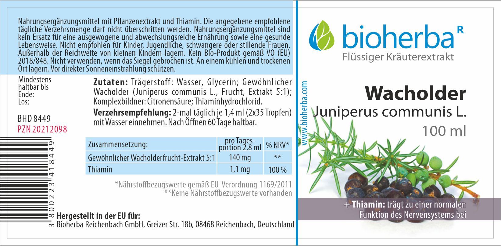 Etikett mit Produktinformationen. Bioherba Wacholder Tinktur. Zutaten, Nährwertangaben, Verzehrempfehlung. Flasche mit 100 ml.