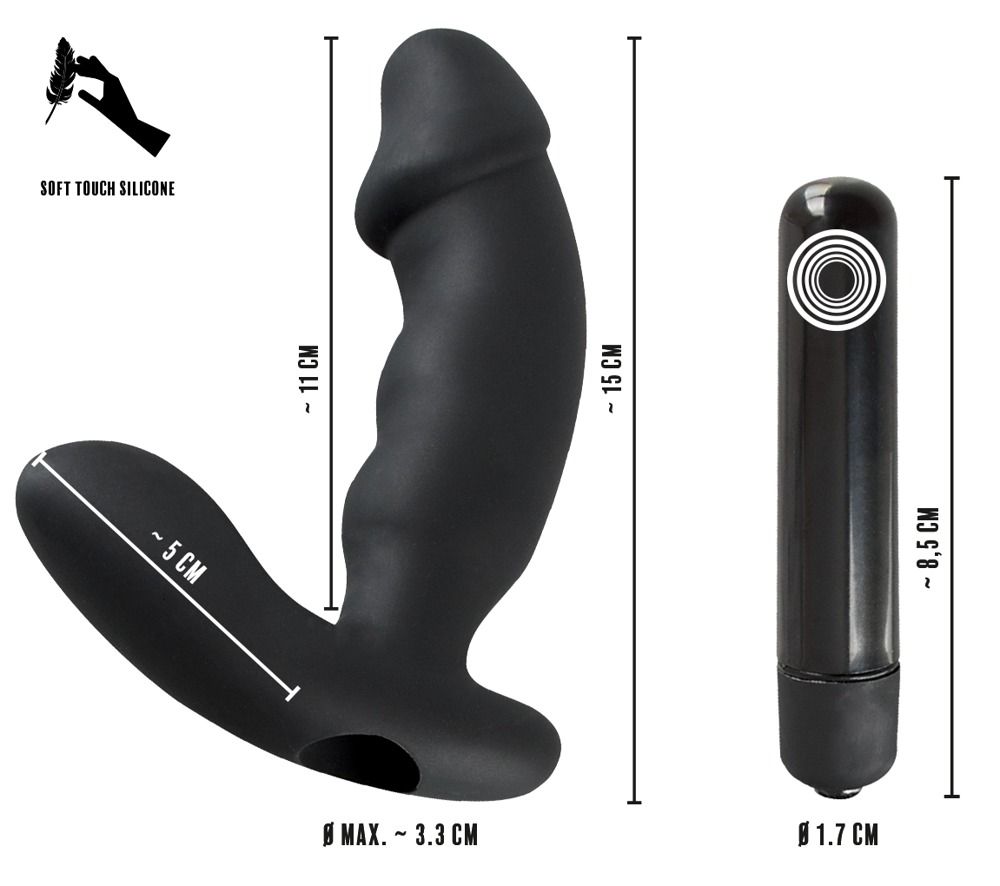 Schwarzer Vibrator in Penisform und separater schwarzer Vibrator. Maße sind angegeben.