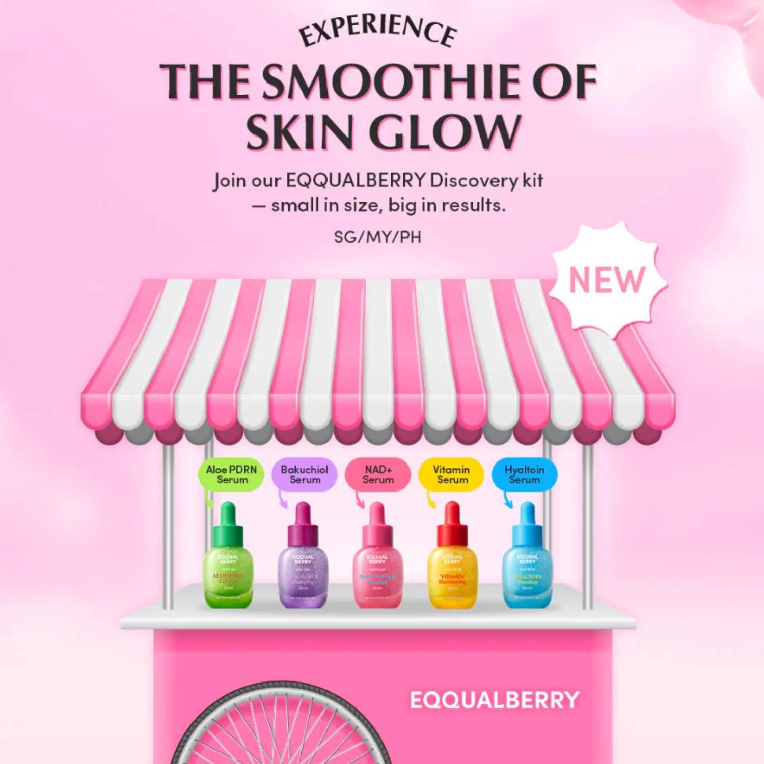 Ein rosa Verkaufsstand mit sechs Serum-Minis. Jede Flasche hat eine andere Farbe. Der Text lautet: EQQUALBERRY Discovery Kit.