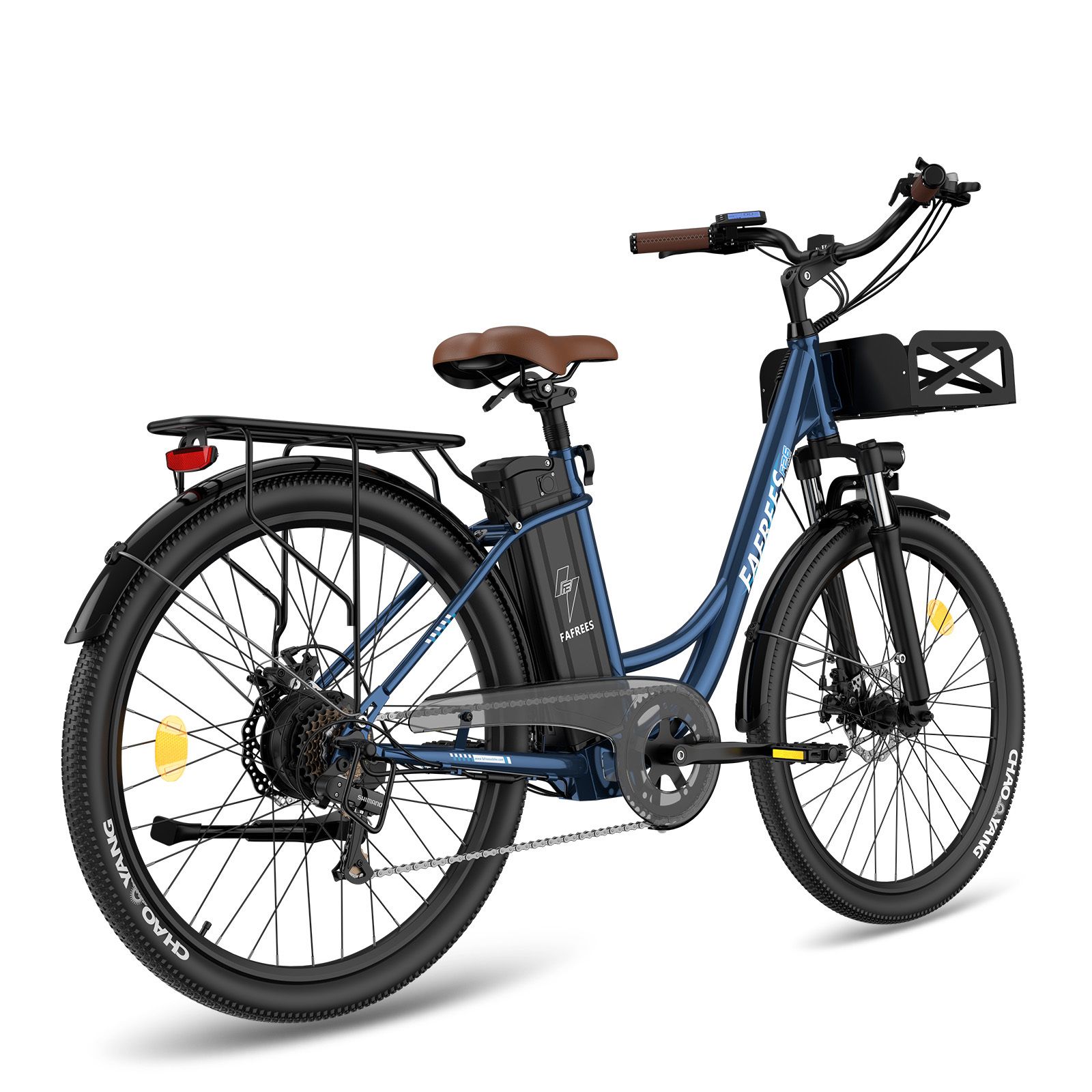 Blaues E-Bike mit braunem Sattel, Gepäckträger und Korb. Marke FAFREES.