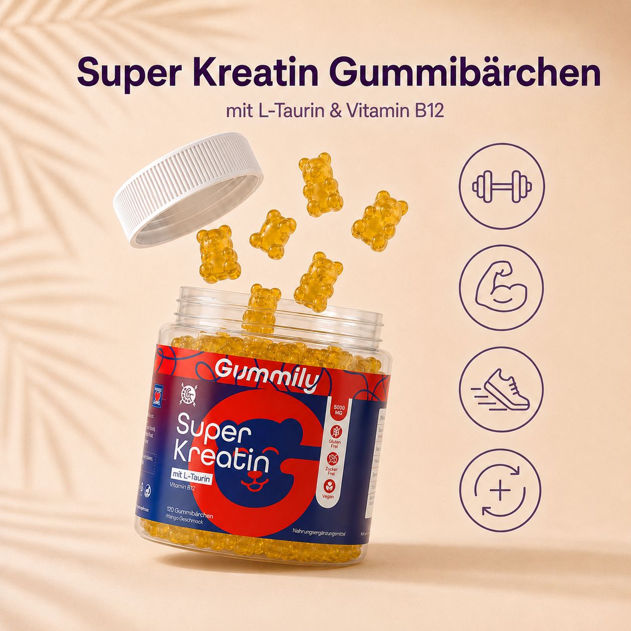 Gummily Super Kreatin Gummibärchen fliegen aus einem offenen Behälter.