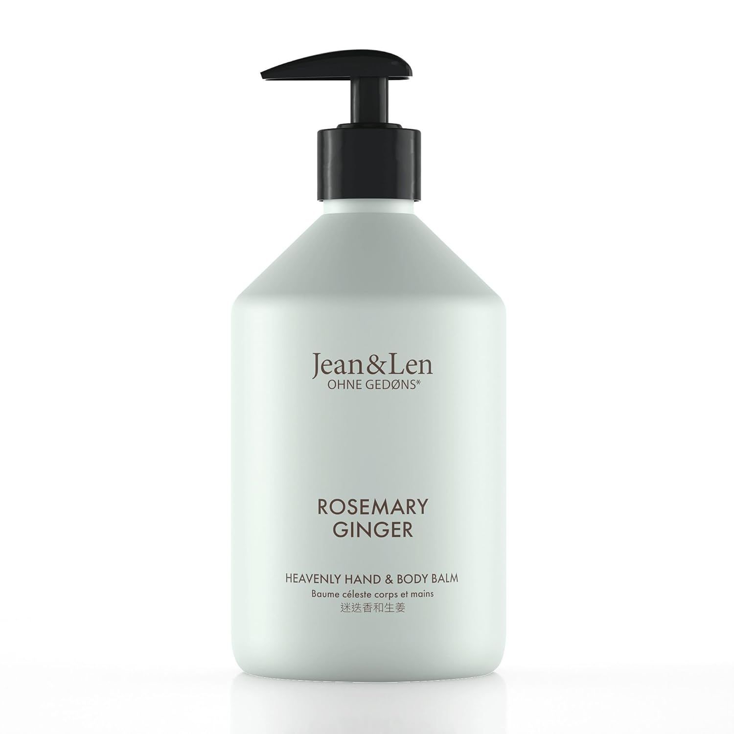 Weiße Flasche mit schwarzem Pumpkopf. Beschriftung: Jean & Len, Rosemary Ginger, Heavenly Hand & Body Balm.