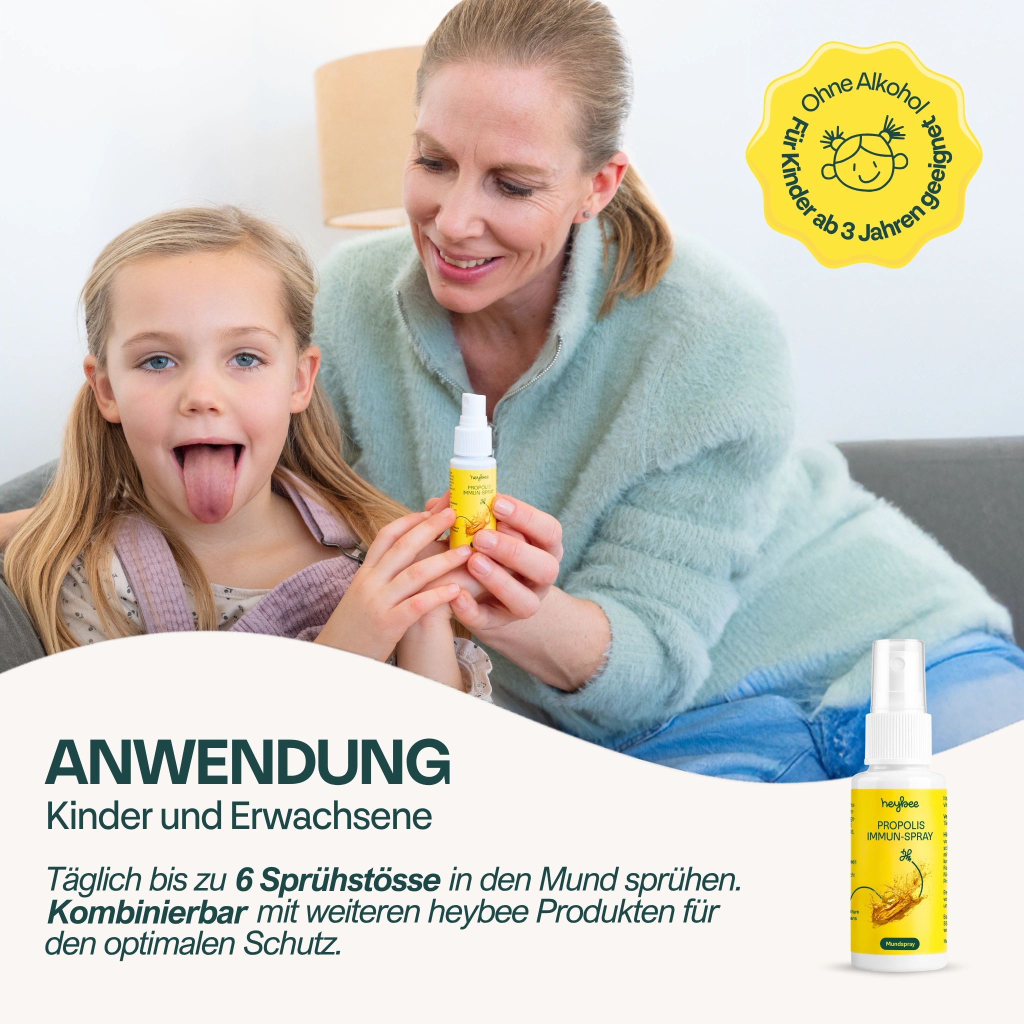 Mutter und Kind mit "Heybee Propolis Immun-Spray". Anwendung: Kinder und Erwachsene. Bis zu 6 Sprühstöße. Ohne Alkohol, für Kinder ab 3 Jahren.