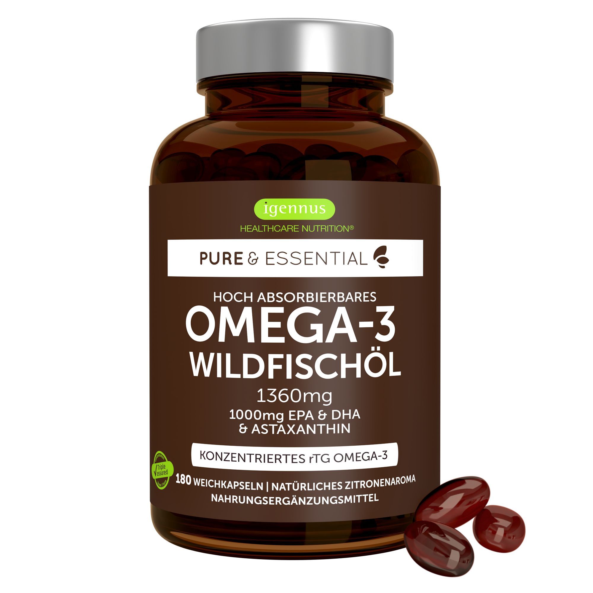 Flasche mit Igennus Omega-3 Wildfischöl, 1360mg, 1000mg EPA & DHA, mit Astaxanthin. 180 Weichkapseln.