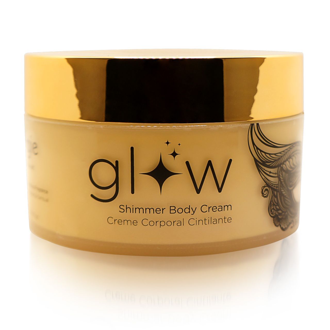 Behälter mit goldfarbenem Deckel. Aufschrift "glow" mit Stern. Text: Shimmer Body Cream, Creme Corporal Cintillante.