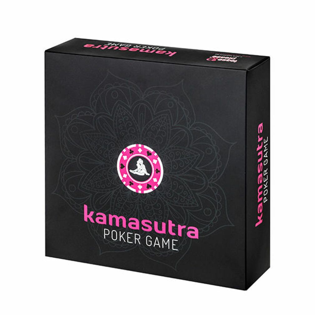 Schwarze Box mit pinkfarbenem "Kamasutra Poker Game"-Logo. Mandala-Design und Pokerchip-Illustration.