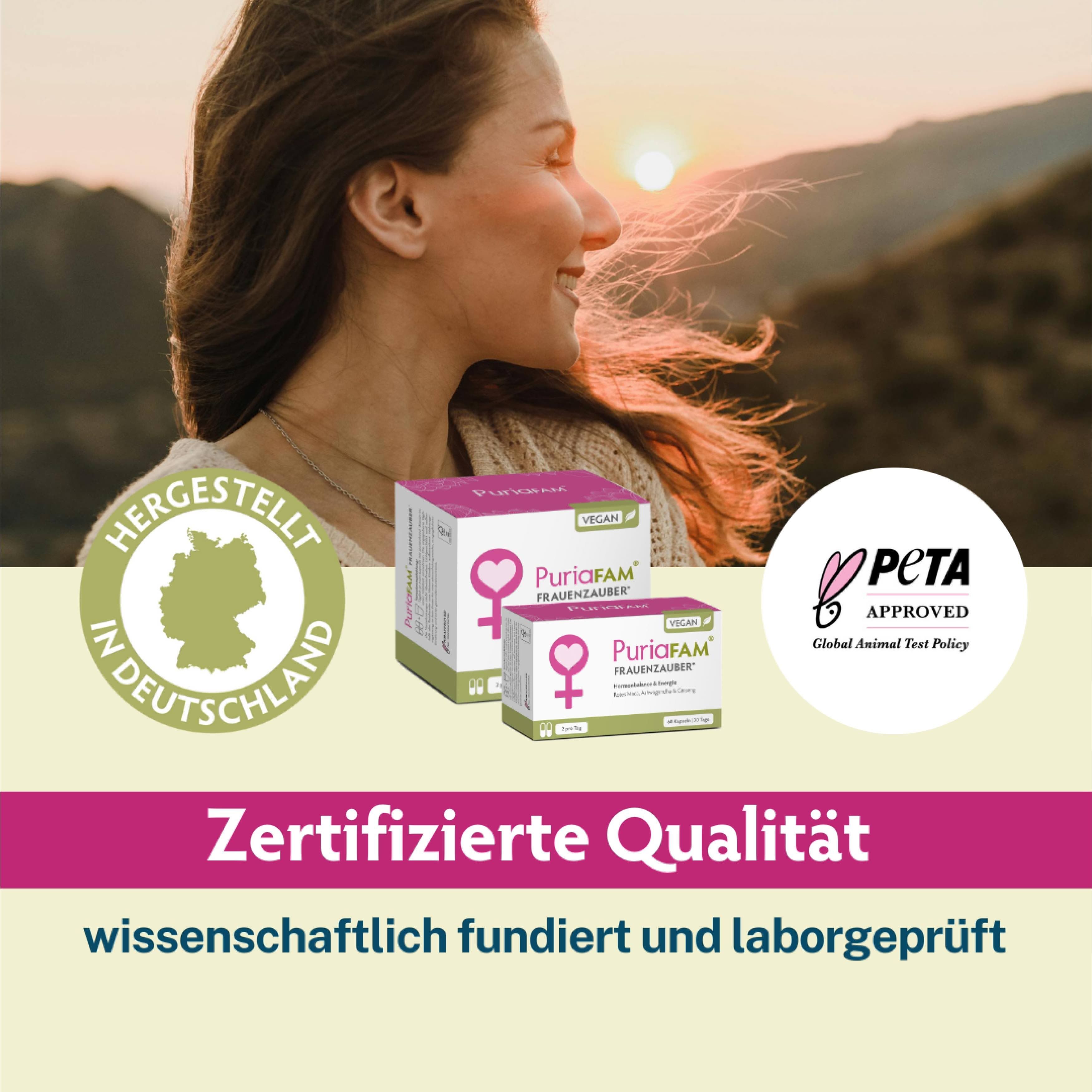 Frau mit Produktverpackung im Hintergrund. Siegel: Hergestellt in Deutschland. PETA-Siegel. Text: Zertifizierte Qualität.