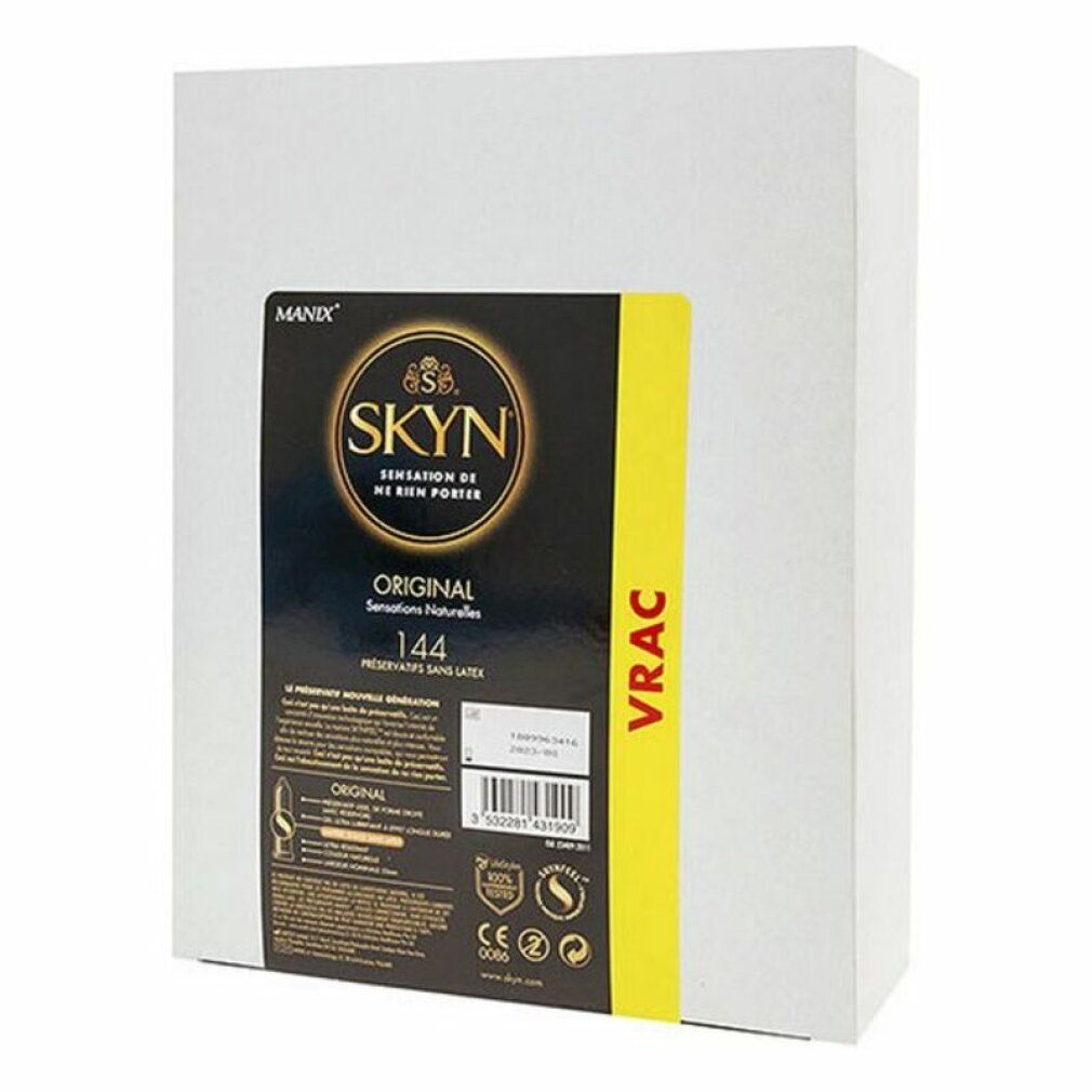 Verpackung SKYN Original. Weiße Box mit schwarzer und goldener Verpackung. "Original", "144" und "VRAC" sind sichtbar.
