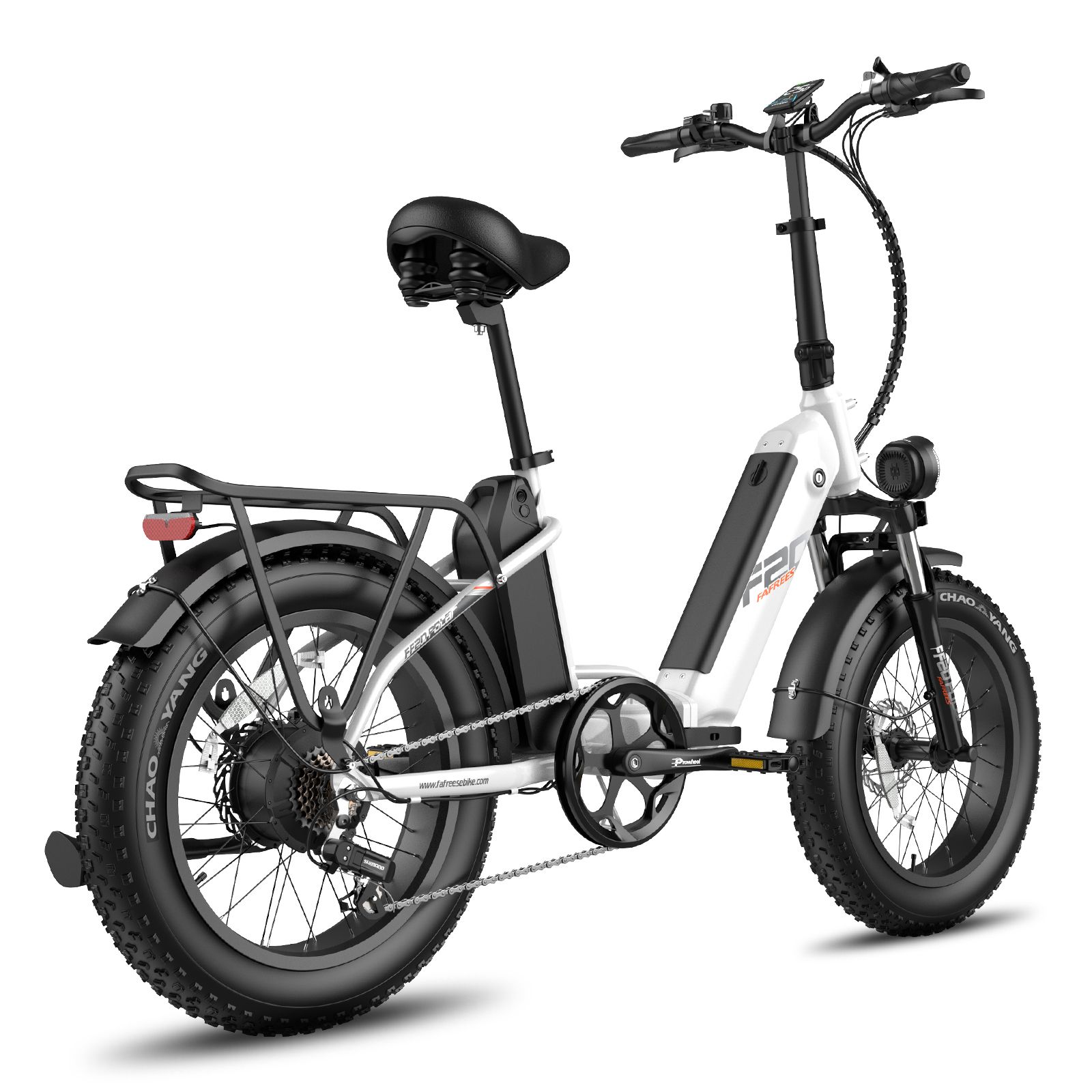 Weißes, faltbares E-Bike mit schwarzen Reifen und Gepäckträger. F20-Logo sichtbar. Schwarzer Sattel und Lenker.