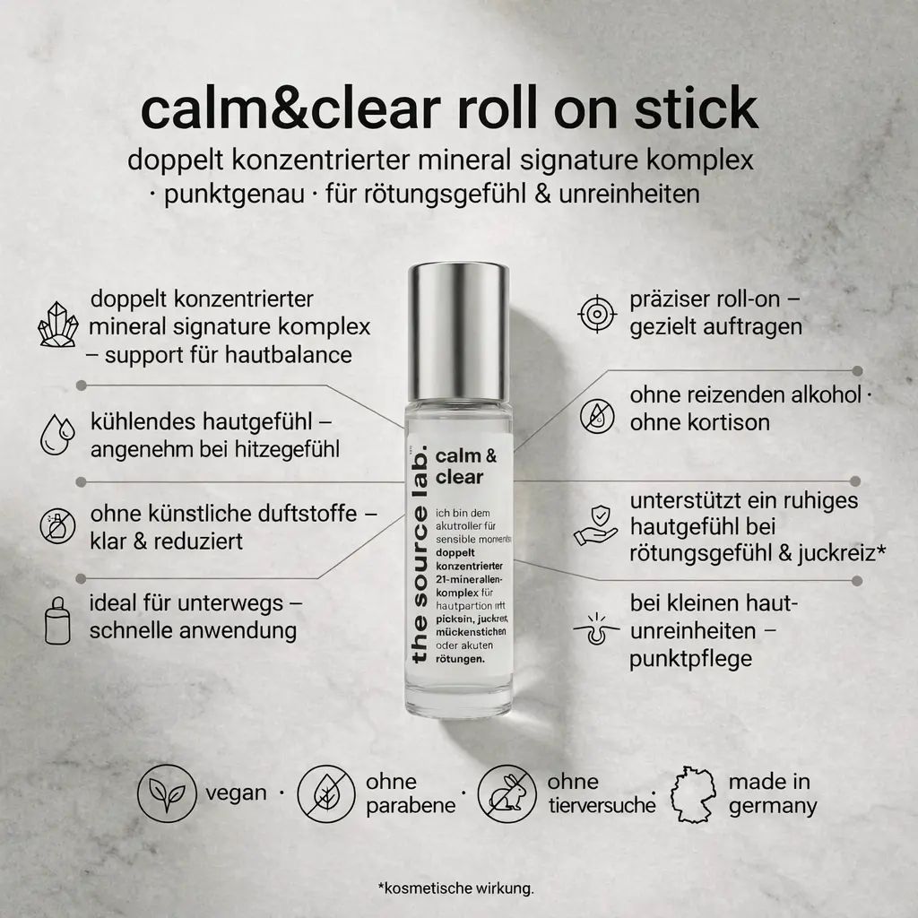 Produkt: the source lab. calm&clear Roll-on-Stick. Klarglasflasche mit silbernem Deckel. Beschriftung: Produktname, Inhaltsstoffe. Text: vegan, ohne Parabene, Tierversuche.