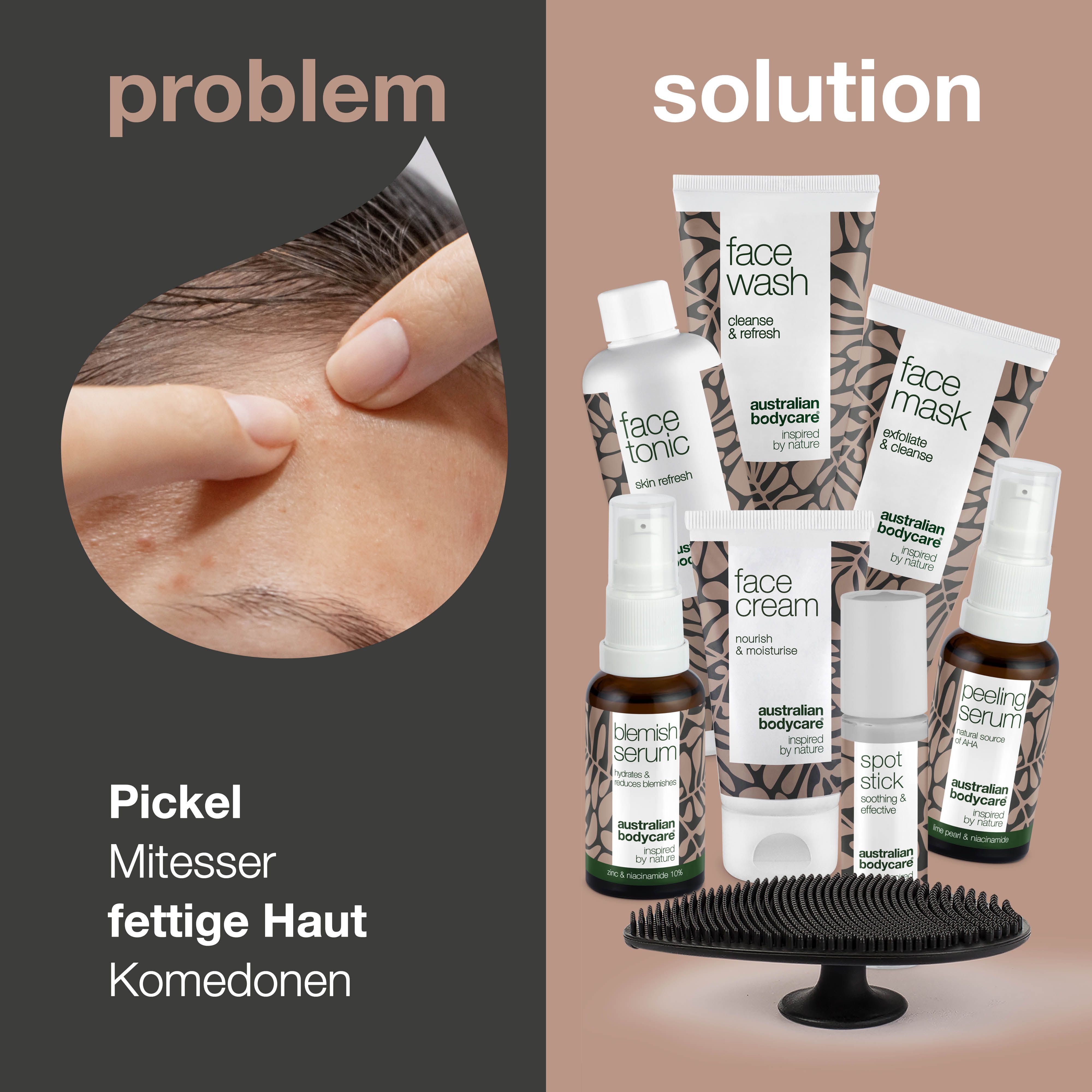 Problem: Pickel, Mitesser, fettige Haut, Komedonen. Lösung: Set mit 8 Gesichtspflegeprodukten.