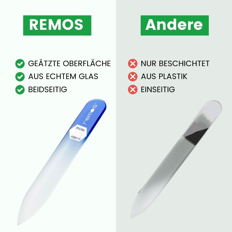 Glasnagelfeile, beidseitig, blau-weiß. Marke remos. Geätzte Oberfläche, aus Glas.