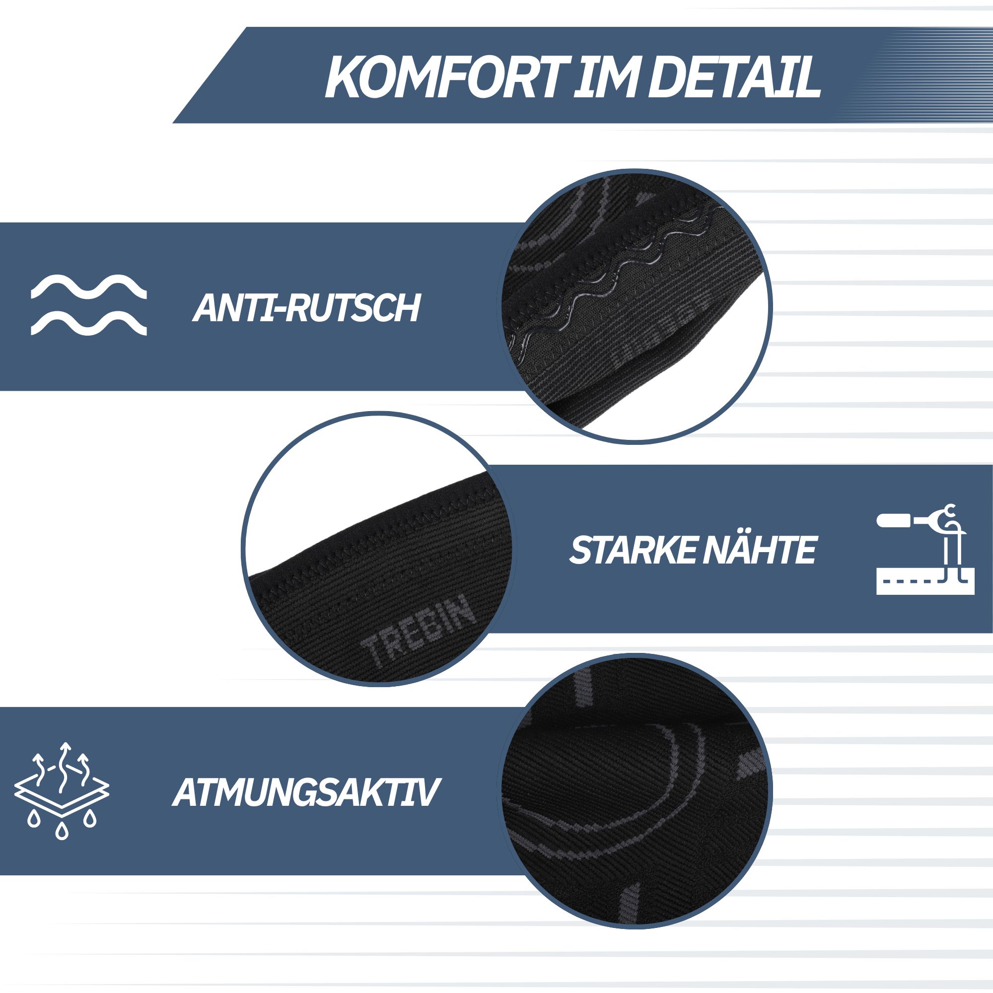 Schwarzes Kniepolster mit Anti-Rutsch-Streifen, starken Nähten und atmungsaktivem Material.