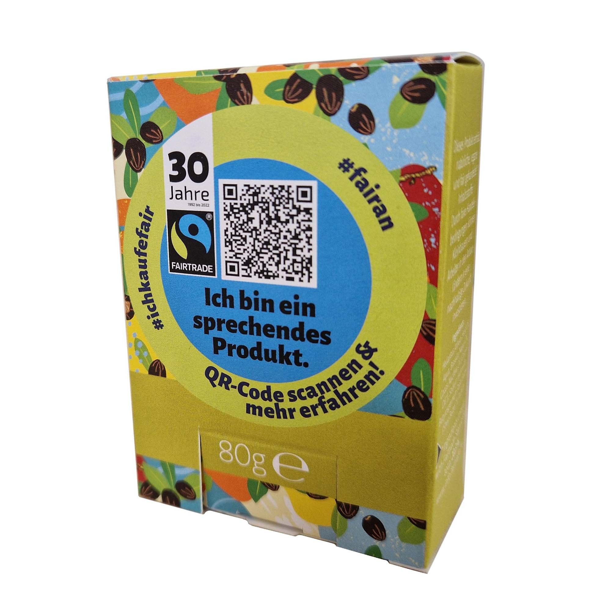 Verpackung mit QR-Code und Text: Ich bin ein sprechendes Produkt. 30 Jahre Fairtrade. #fairan. 80g e.