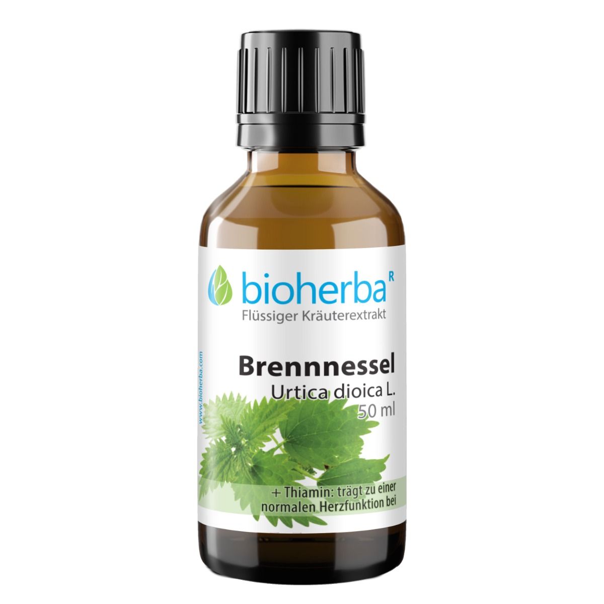 Braune Glasflasche mit schwarzem Deckel. Etikett mit Produktnamen Brennnessel, Urtica dioica L. und Logo Bioherba.