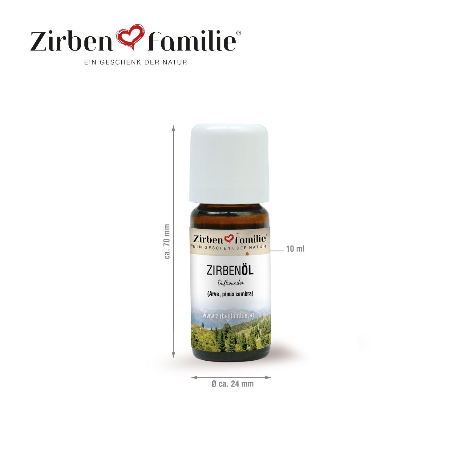 ZirbenÖl Flasche. Braune Glasflasche mit weißem Deckel. Maße: ca. 24 x 70 mm. Etikett mit Text.