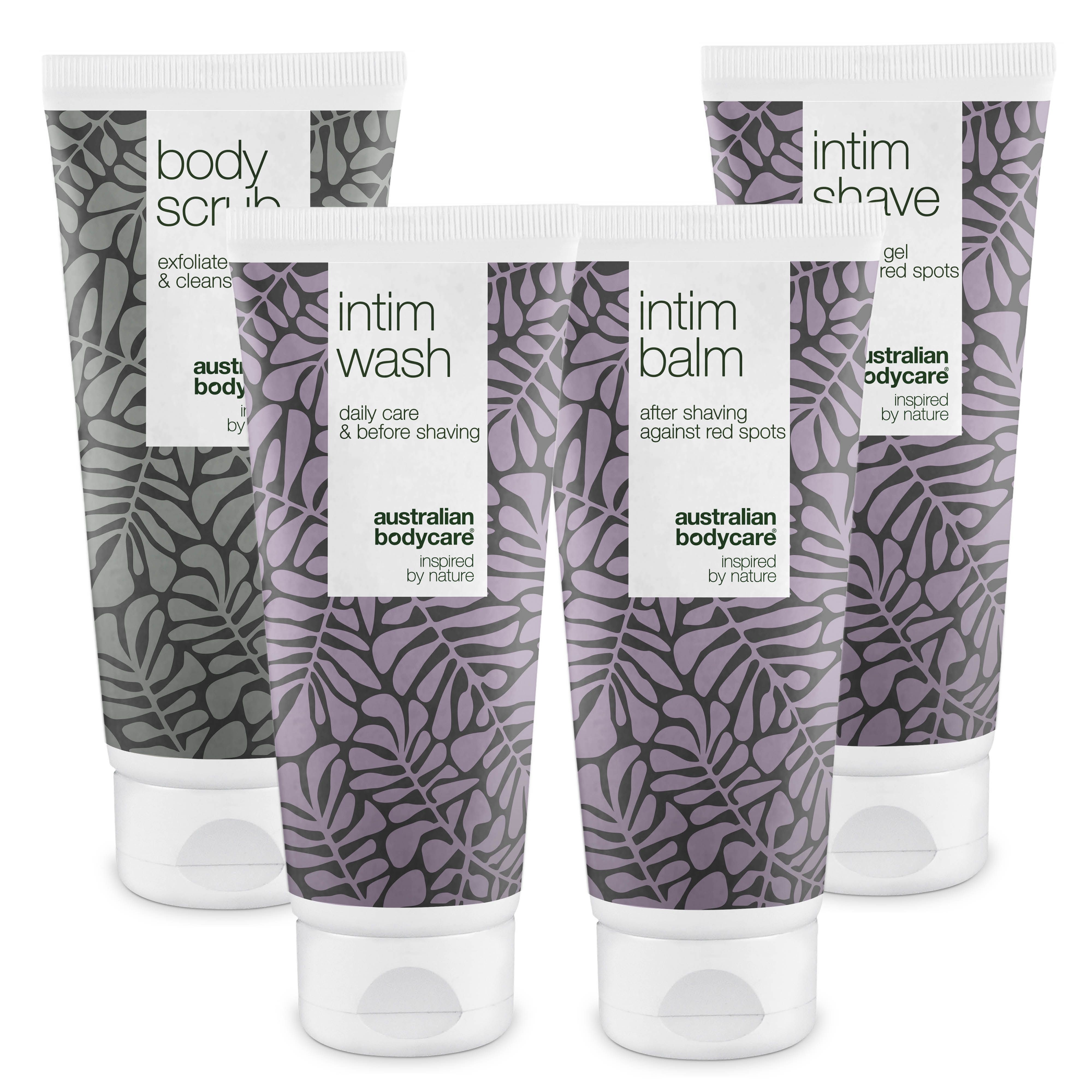 Vier Tuben Intimrasur-Pflege. Weiß-lila Design. Produkte: Body Scrub, Intim Wash, Intim Balm, Intim Shave.