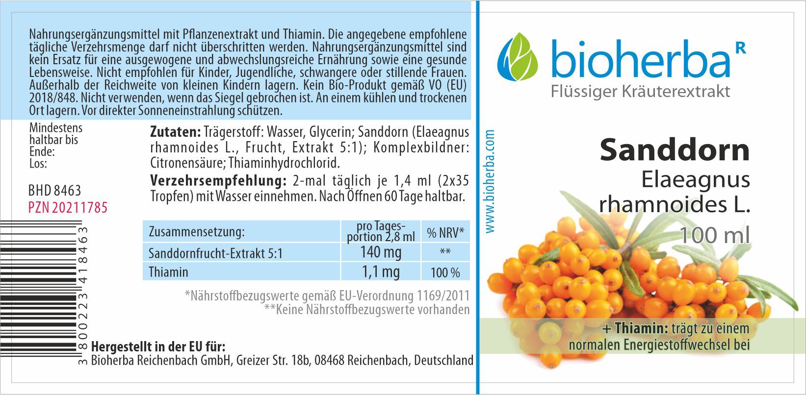Etikett mit Produktinformationen. Bioherba Sanddorn, Elaeagnus rhamnoides L. Extrakt. Zutaten, Nährwertangaben, Verzehrempfehlung.