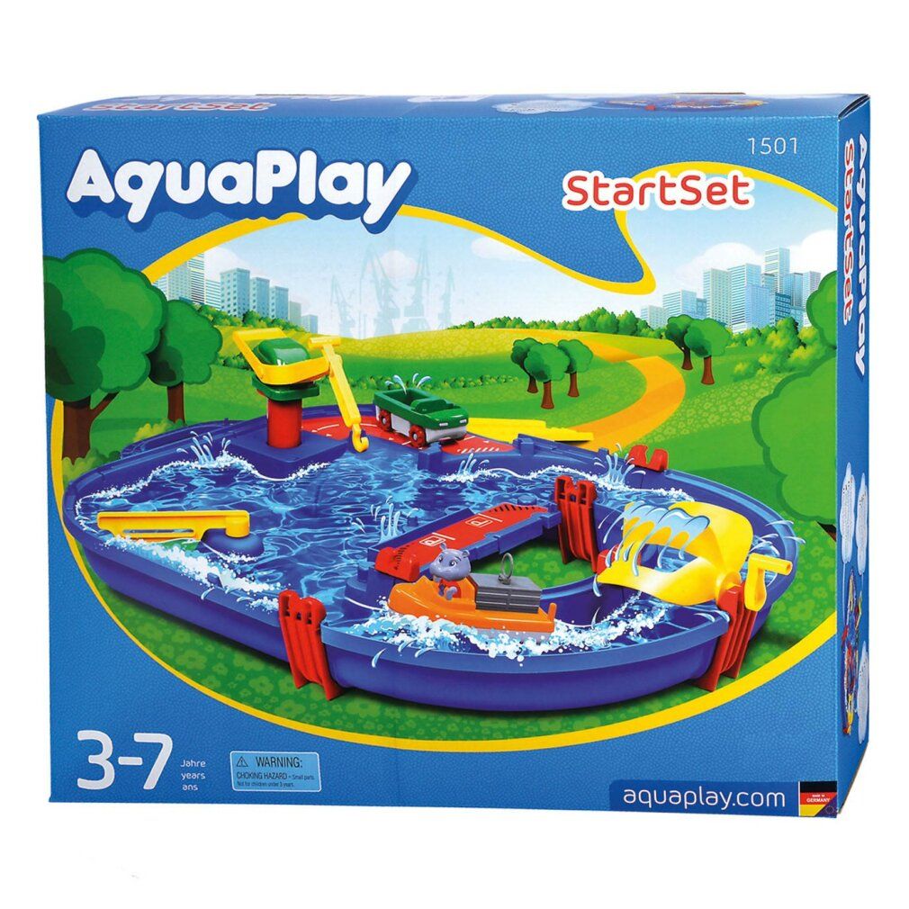 AquaPlay StartSet-Verpackung. Blau, mit Spielzeug-Illustrationen und dem AquaPlay-Logo. Altersempfehlung: 3-7 Jahre.