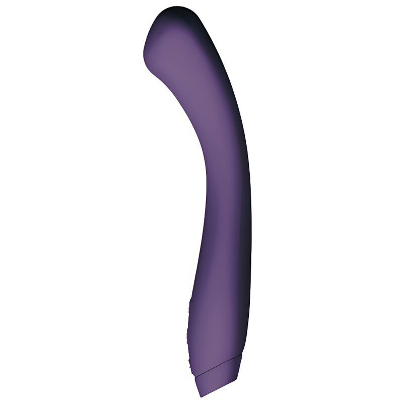 Lila Vibrator, gebogene Form. Glatte Oberfläche. Unterteil mit Knöpfen. Aufrecht stehend.
