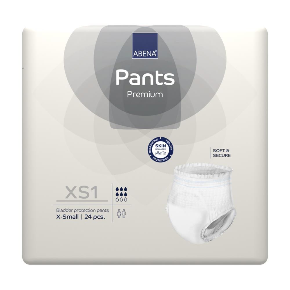 Weiße Abena Pants Premium XS1. Auf der Verpackung: Marke, Produktname, Größe, Stückzahl, Hautschutz-Zertifizierung.