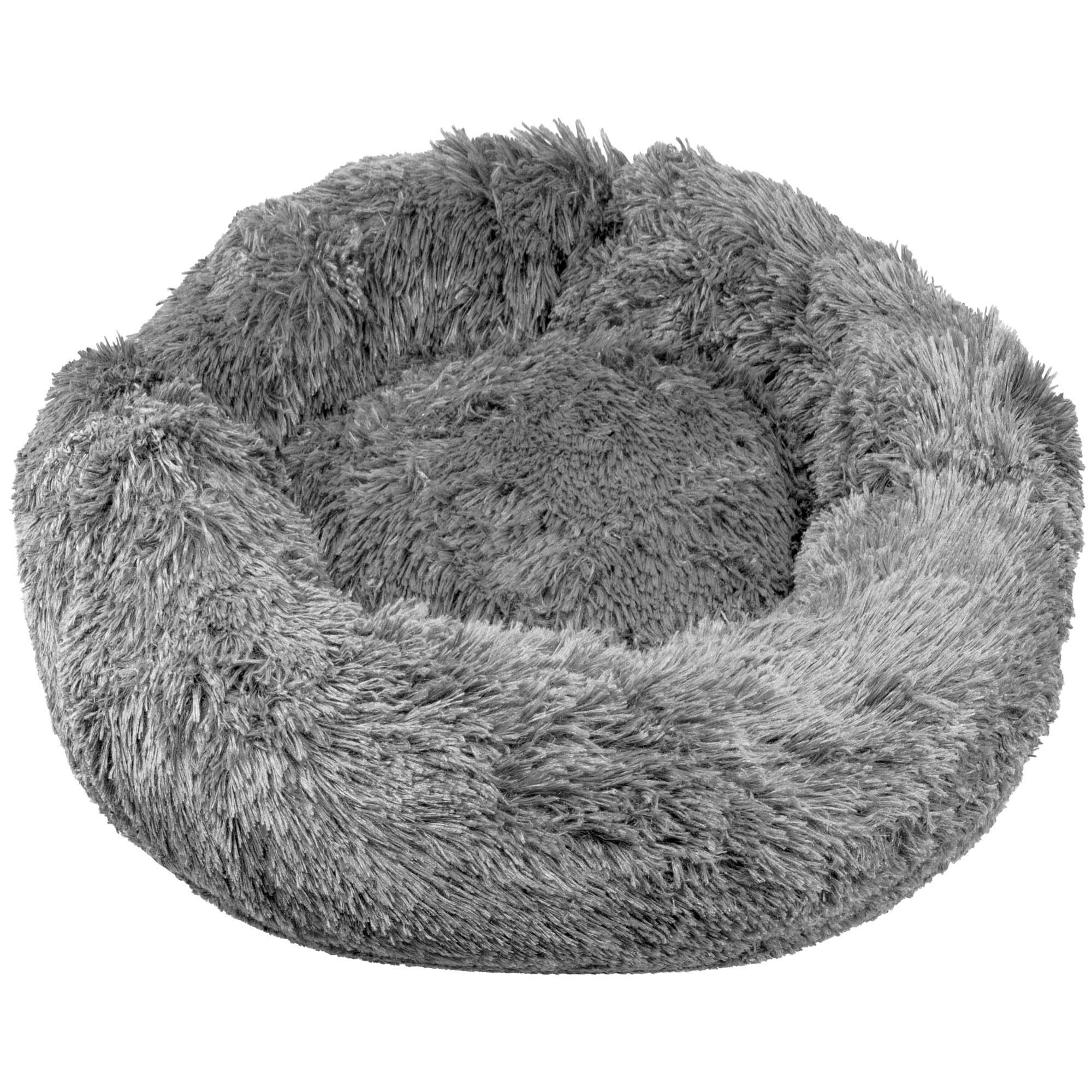 Graues Hunde-Plüschbett, runde Form, flauschig. Anti-Rutsch-Boden. Waschbar.