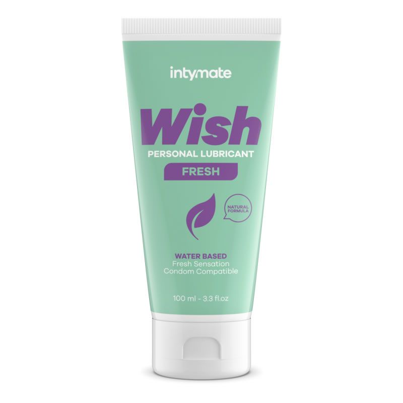 Grüne Tube mit weißem Deckel. Aufschrift: intymate Wish, Personal Lubricant, Fresh. Enthält eine natürliche Formel. 100 ml.