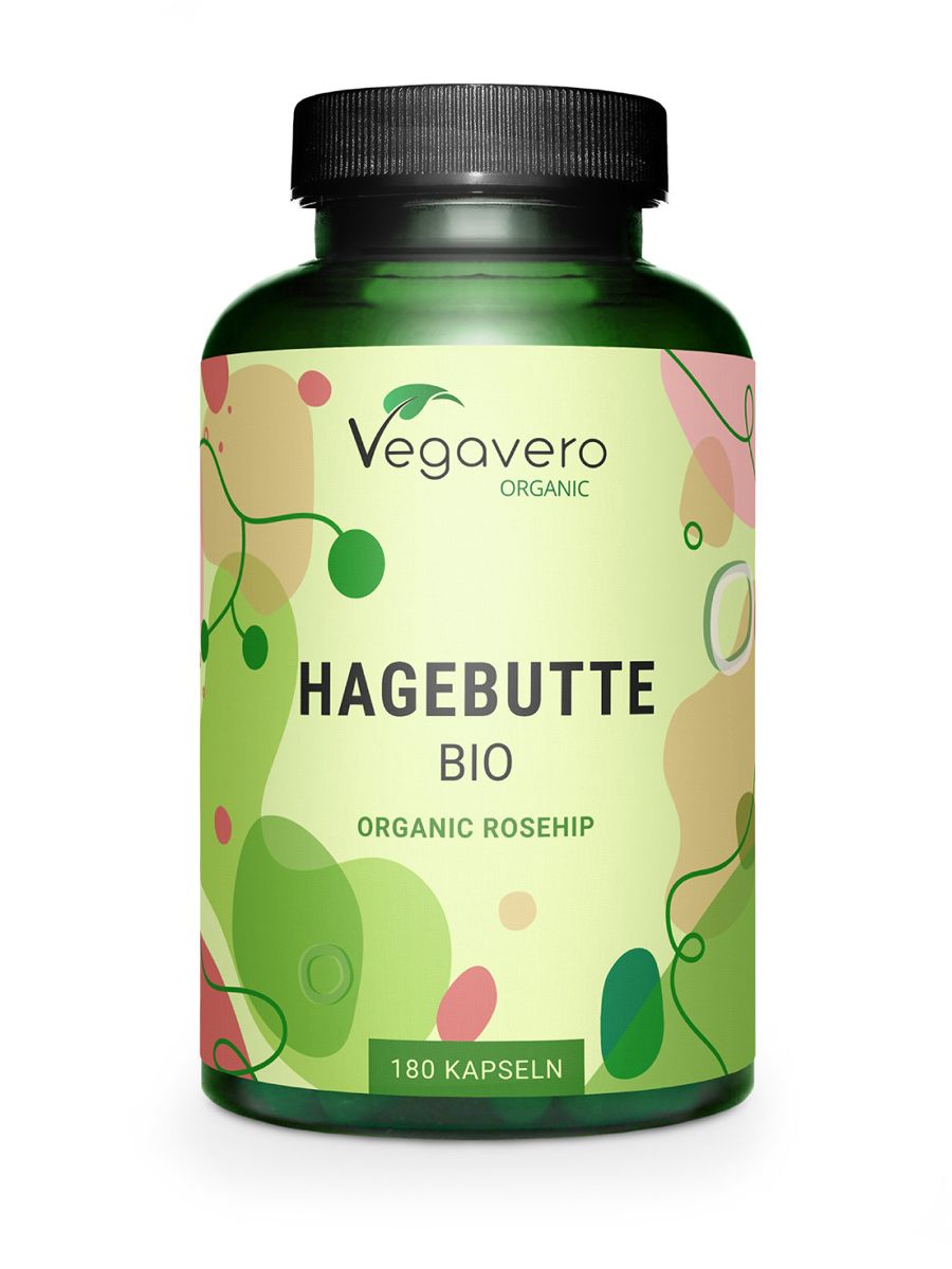 Grüne Flasche mit schwarzen Deckel. Aufschrift: Hagebutte BIO, 180 Kapseln. Marke: Vegavaro Organic.