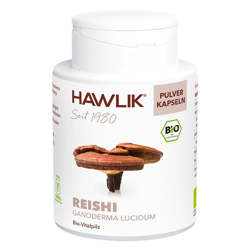 Weiße Flasche mit Kapseln. Aufschrift: HAWLIK, Reishi, Pulver Kapseln, Bio-Vitalpilz. Abbildung von Reishi-Pilz.