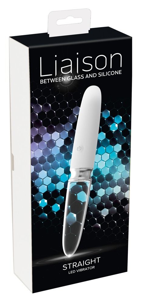 Verpackung mit weißem, länglichem Vibrator. Text: Liaison, BETWEEN GLASS AND SILICONE, STRAIGHT LED VIBRATOR.