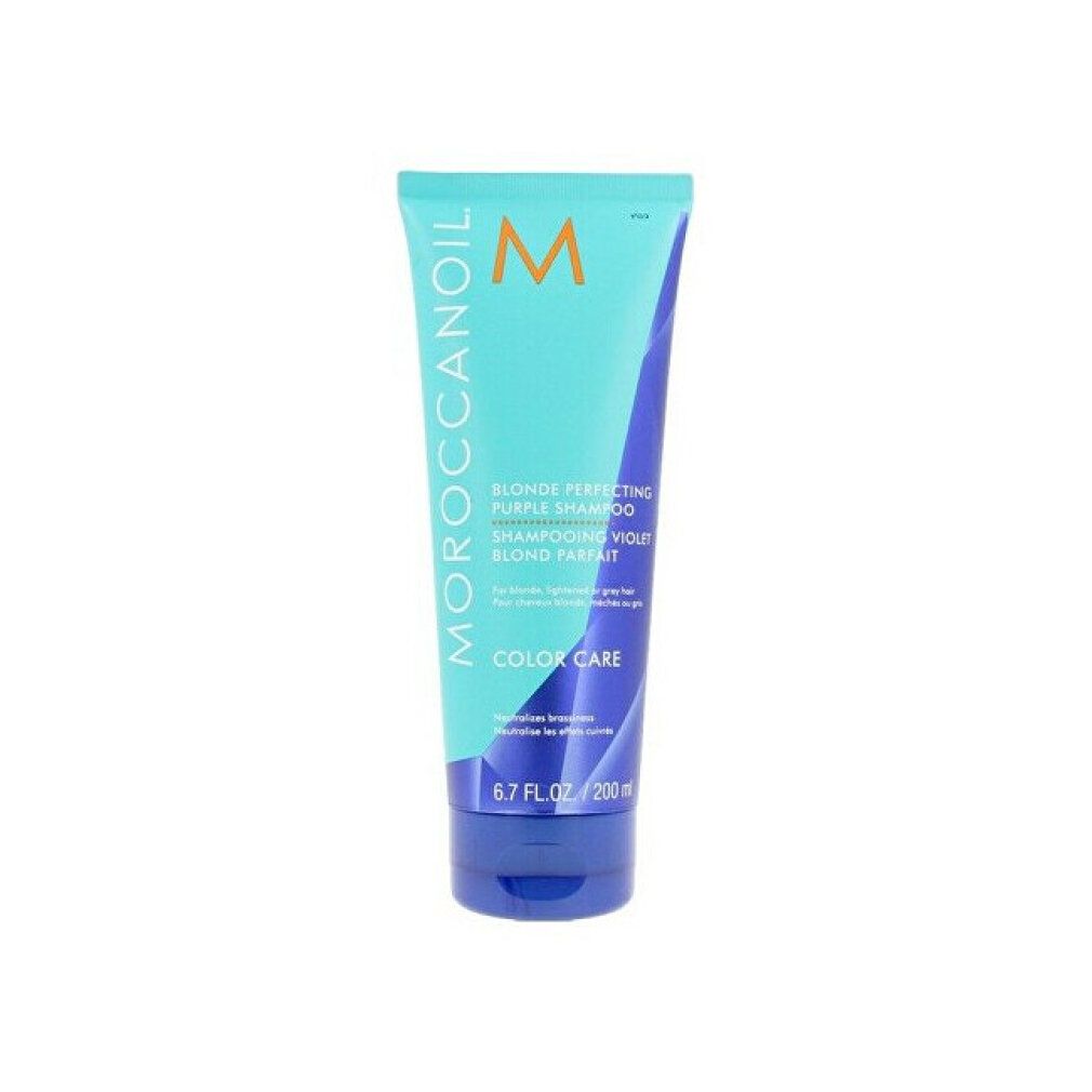 Türkise Tube mit Moroccanoil Blonde Perfecting Purple Shampoo.