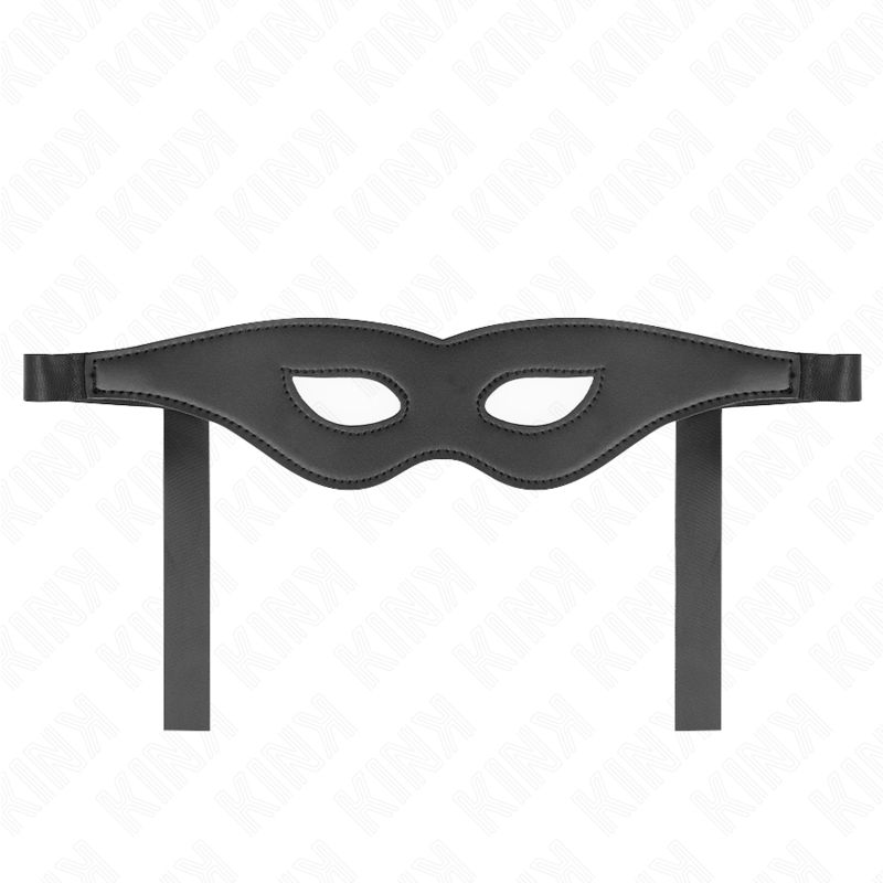 Schwarze Kunstledermaske mit zwei ovalen Augenöffnungen und Bändern. Das Produkt ist auf weißem Hintergrund abgebildet.