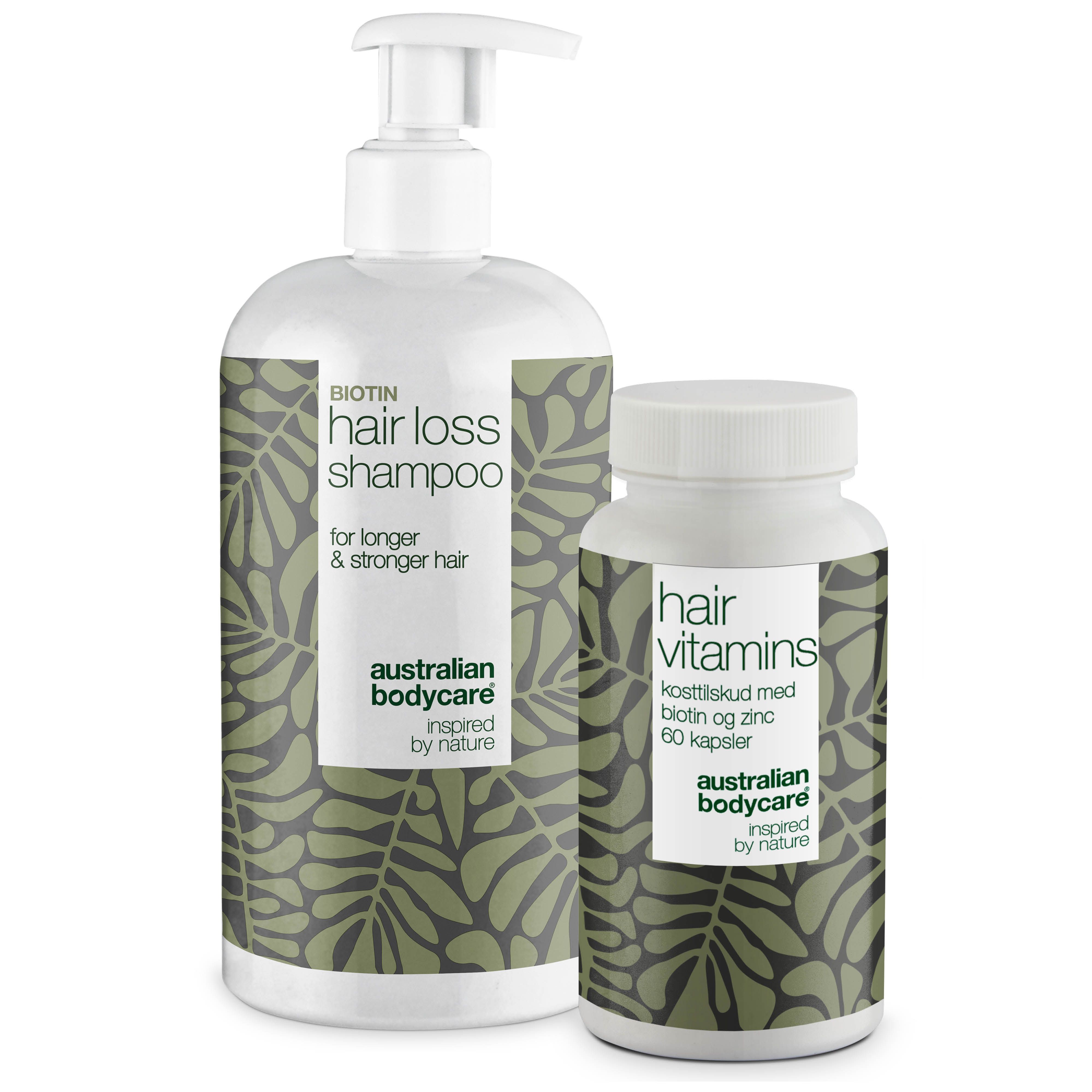 Shampoo- und Vitamin-Flaschen. Weiß mit grünen Blättern. Text: Hair Loss Shampoo, Hair Vitamins. Marke: Australian Bodycare.