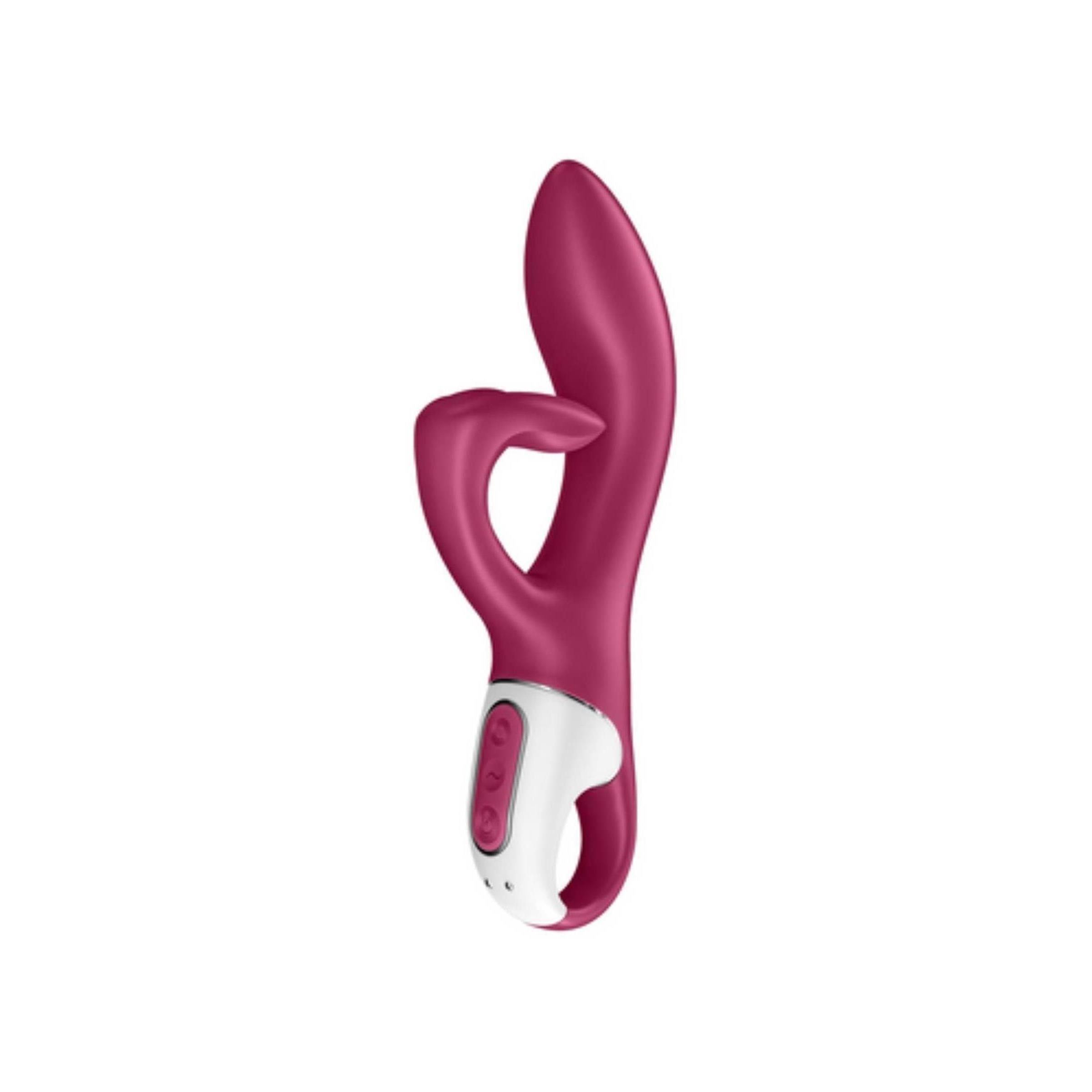 Ein pinkfarbener Vibrator mit gebogener Form, Ring und drei Bedienelementen.