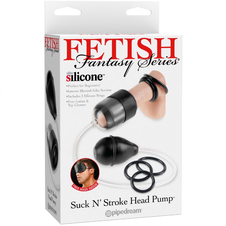 Verpackung der Eichelpumpe. Enthält Pumpe, Silikonringe, Augenmaske. Text: FETISH Fantasy Series, Suck N' Stroke Head Pump.