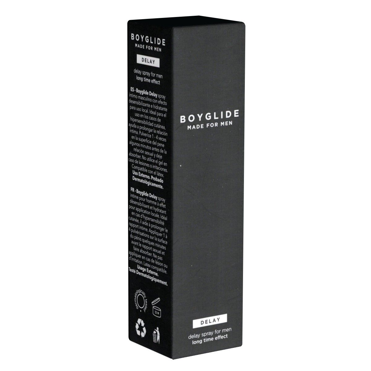 Schwarze Verpackung. Beschriftung: BOYGLIDE MADE FOR MEN, DELAY, delay spray for men long time effect. Text in mehreren Sprachen. Symbole: Recycling, Haltbarkeit, dermatologisch getestet.