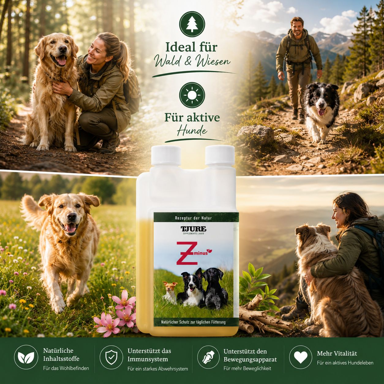 Flasche mit Hundefutterzusatz, kombiniert mit Bildern von aktiven Hunden und Besitzern in Wald- und Wiesenlandschaften.