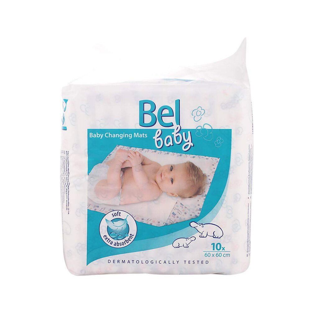 Verpackung mit Bel Baby Wickelunterlagen. Zehn Stück, 60x60cm. Weich und extra saugfähig. Dermatologisch getestet. Baby auf der Verpackung.