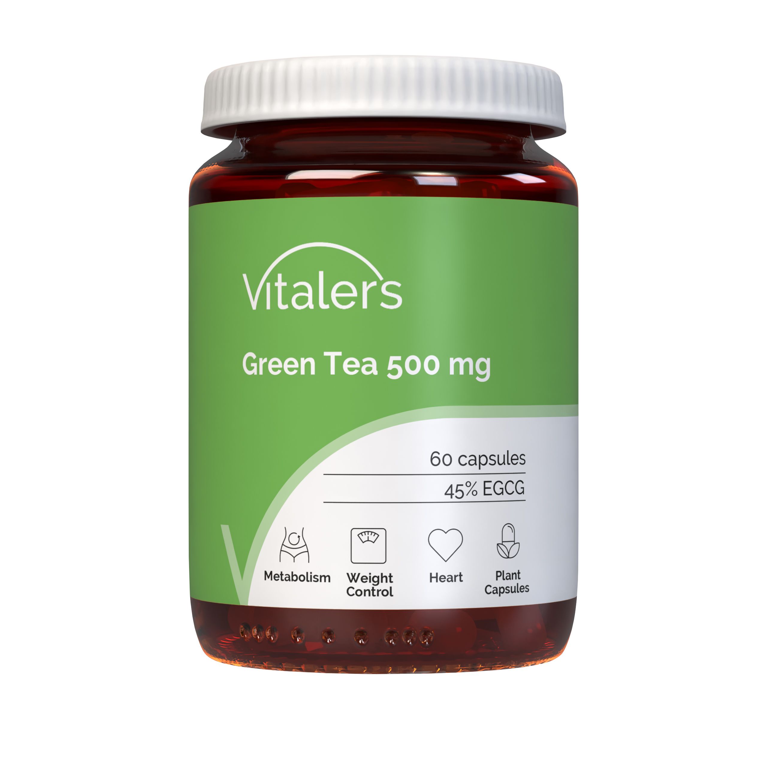 Vitaler's Green Tea 500 mg Kapselbehälter. 60 Kapseln, 45% EGCG. Symbole für Stoffwechsel, Gewichtskontrolle, Herz.