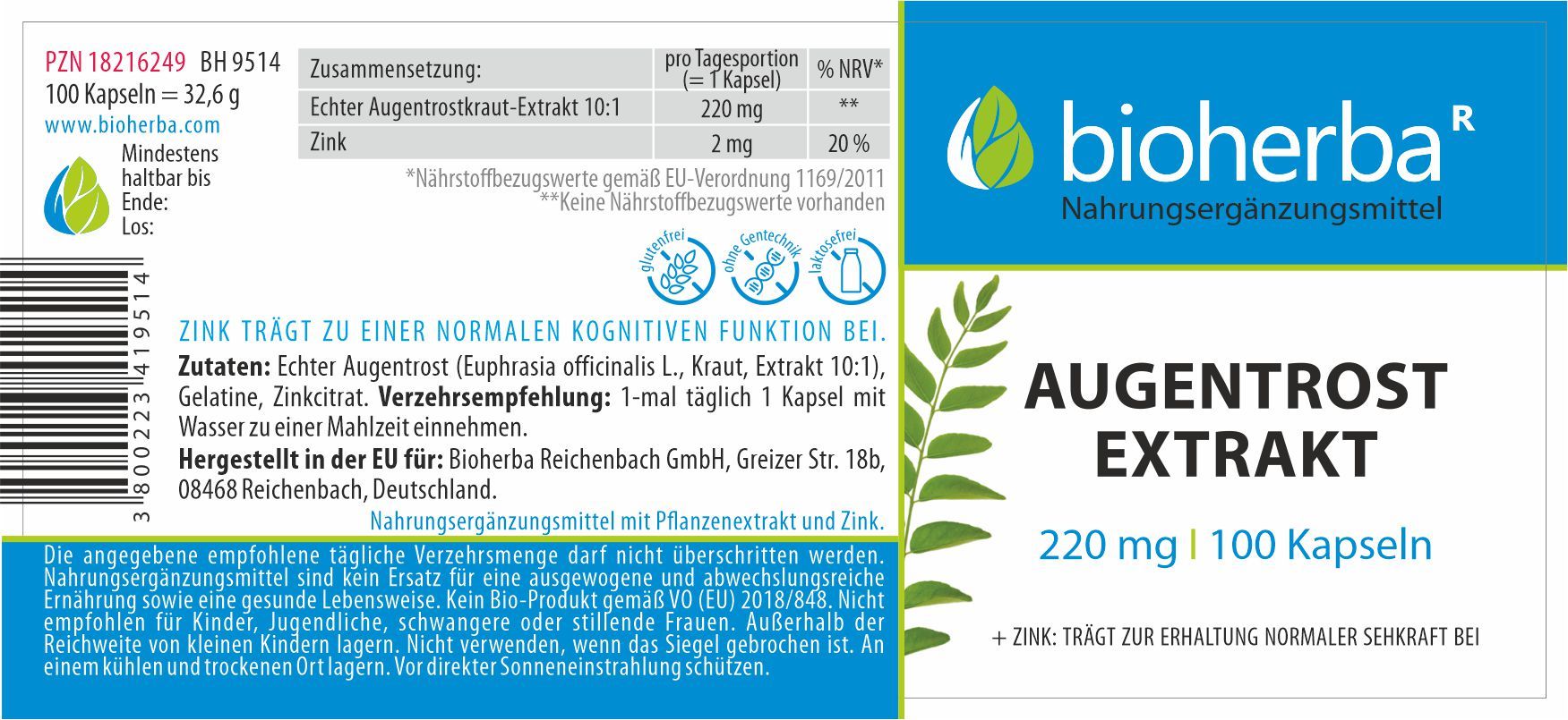 Etikett mit Produktinformationen. "Bioherba"-Logo, "Augentrost Extrakt", 220 mg, 100 Kapseln. Inhaltsstoffe und Nährwertangaben.