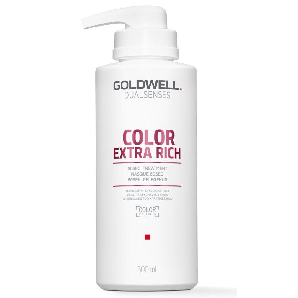 Weiße Flasche mit Pumpe. Aufschrift: GOLDWELL DUALSENSES COLOR EXTRA RICH. 500ml. Roter Farbpunkt.