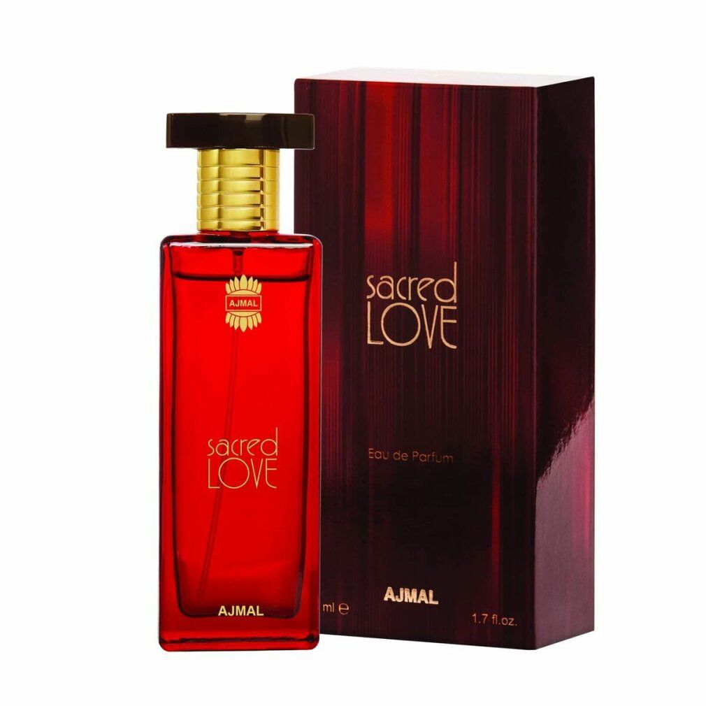 Rote Flasche und Schachtel. Aufschrift "sacred LOVE", "Eau de Parfum" und "AJMAL".